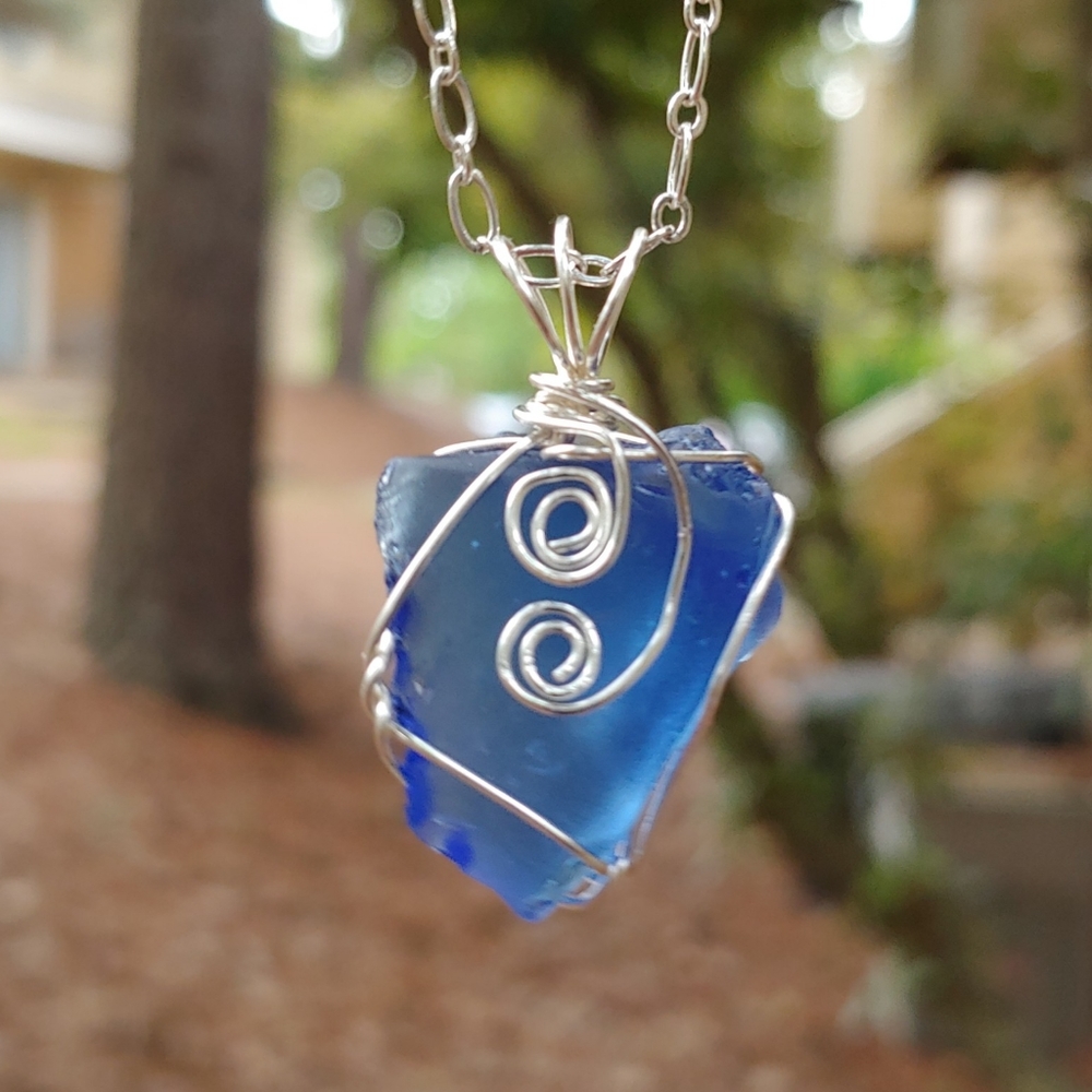 Blue Sea Glass Silver Hand Wire-Wrapped Necklace